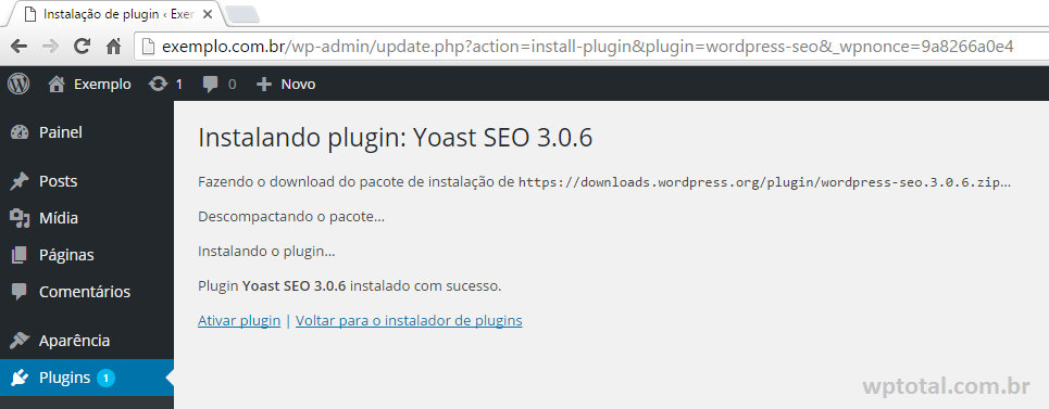 Plugin instalado com sucesso no WordPress