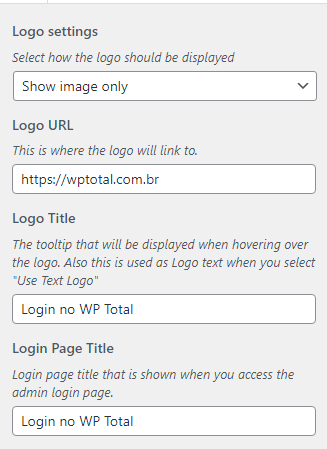 Configurações do Custom Login page Customizer