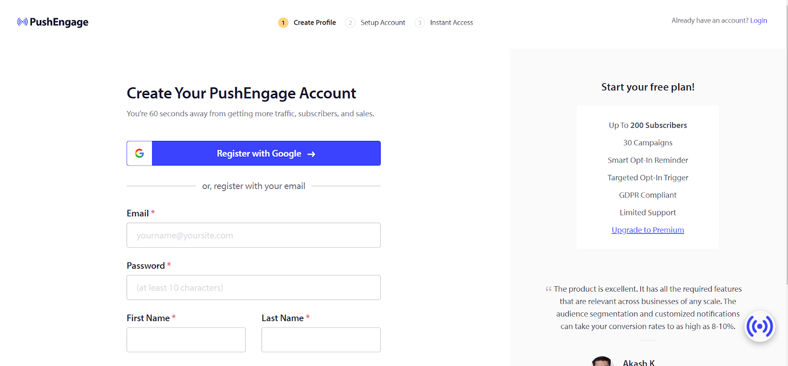 Criar conta na PushEngage para mostrar notificações Push no WordPress