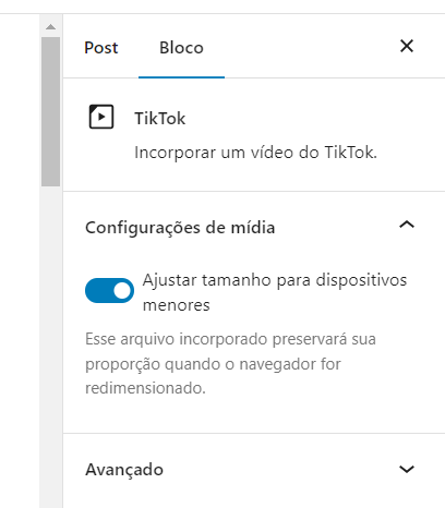 configurações de mídia ao incorporar vídeos do TikTok no WordPress