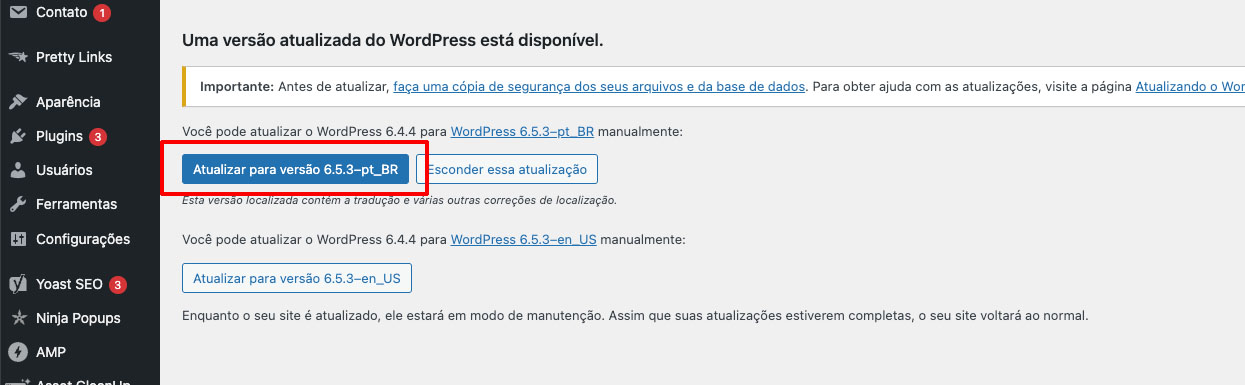 atualizar o wordpress