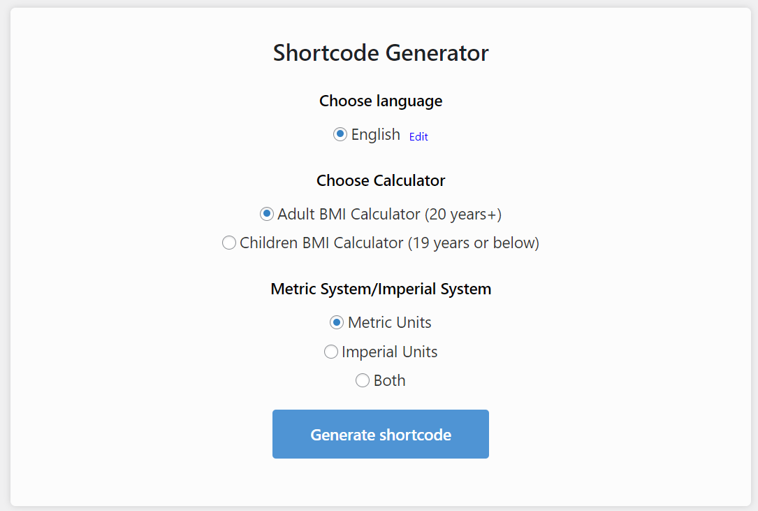 configurações da calculadora de imc