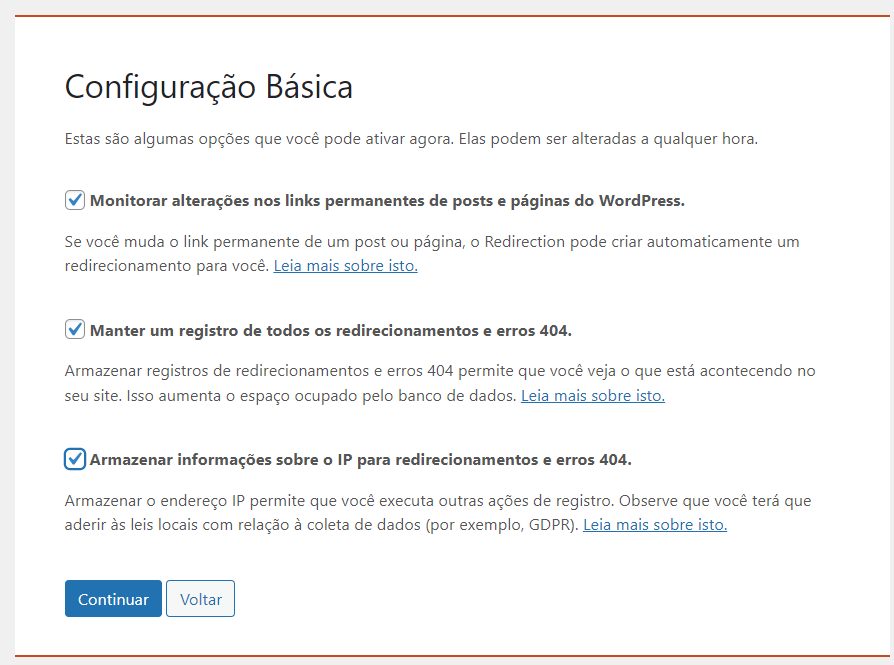 opções do redirecionamento de página no WordPress