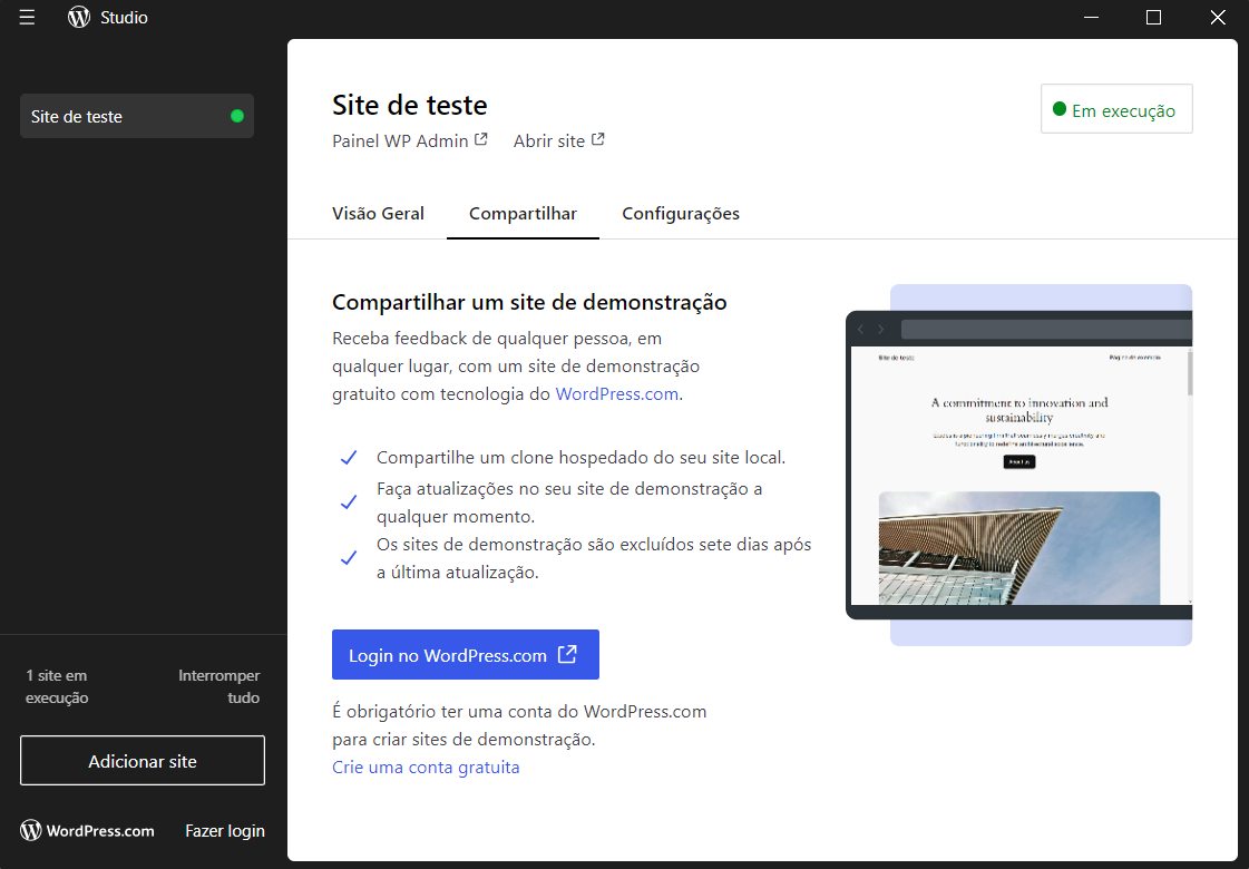 compartilhar site no WordPress Studio