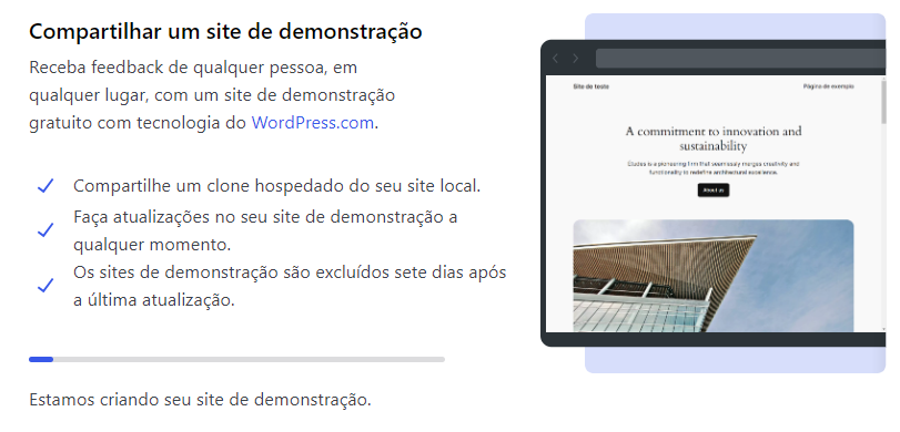 site de demonstração no WordPress Studio