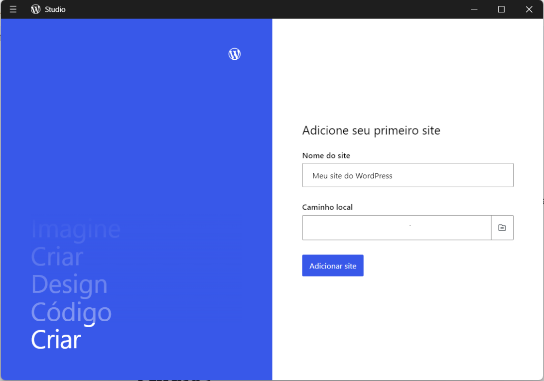 adicionar seu primeiro site no WordPress Studio