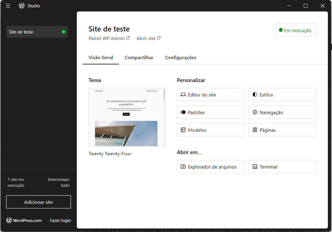 tela inicial do WordPress Studio