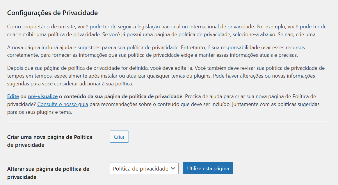 configurações da página de política de privacidade