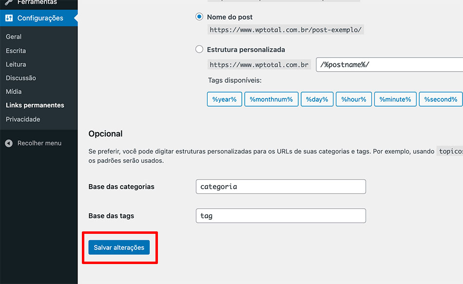 resetar links permantes wordpress