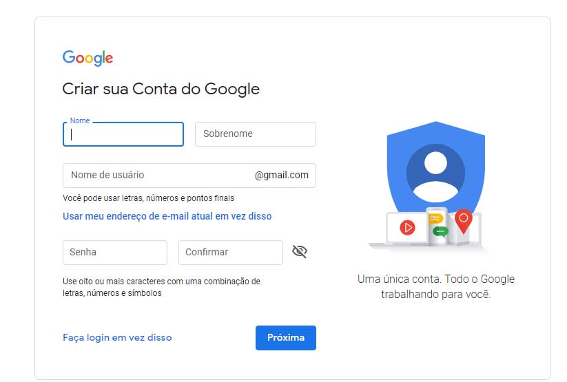tela criar conta no google